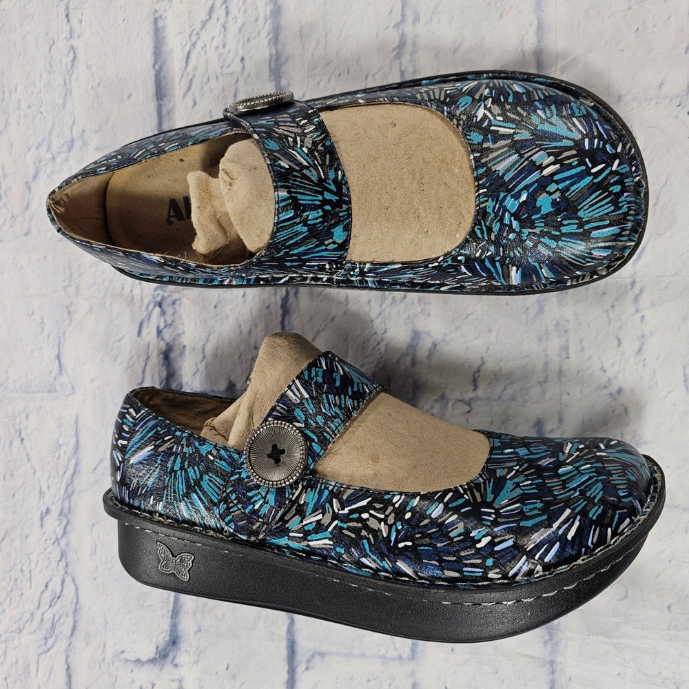 Alegria Paloma Mary Jane Women 40 9-9.5 Blue Black Abstract Leather Rocker Shoes